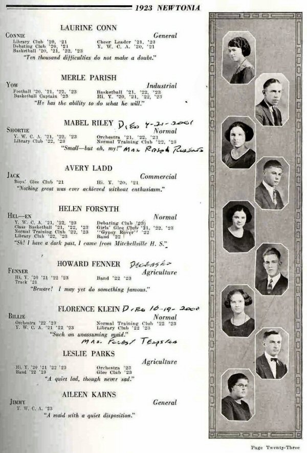 Newton Iowa High School Graduates Class of 1923