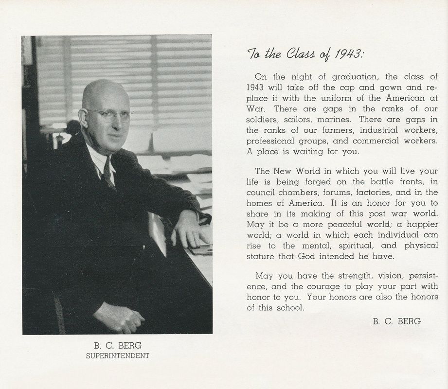 B.C. Berg, Superintendent. 1943 Newtonia