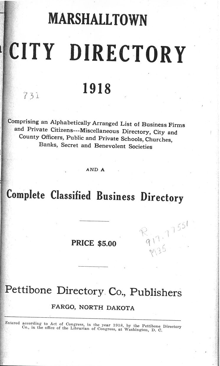 1918 Marshalltown City Directory