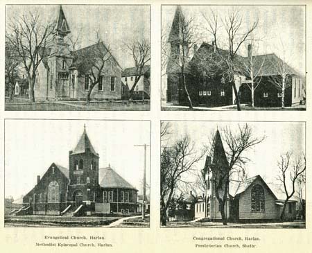 Evangelical Church, Harlan; Methodist Episcopal Church, Harlan; Congregational Church, Harlan; Presbyterian Church, Shelby