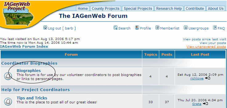 Screen showing Biography forum
