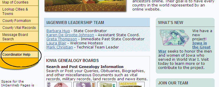 IAGenWeb state page showing Coordinator Help menu