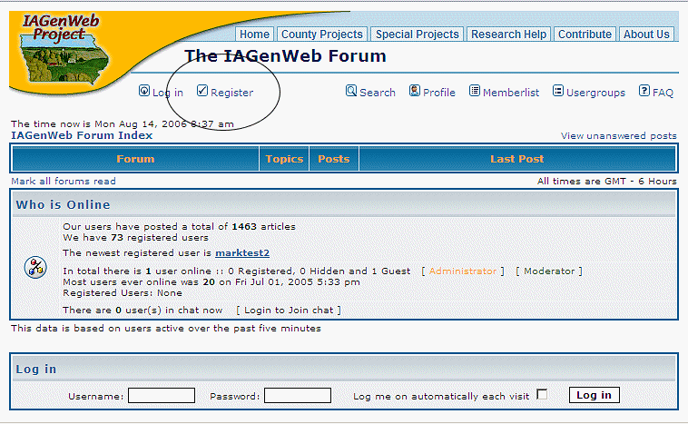 IAGenWeb Forum Log in screen - showing registration link