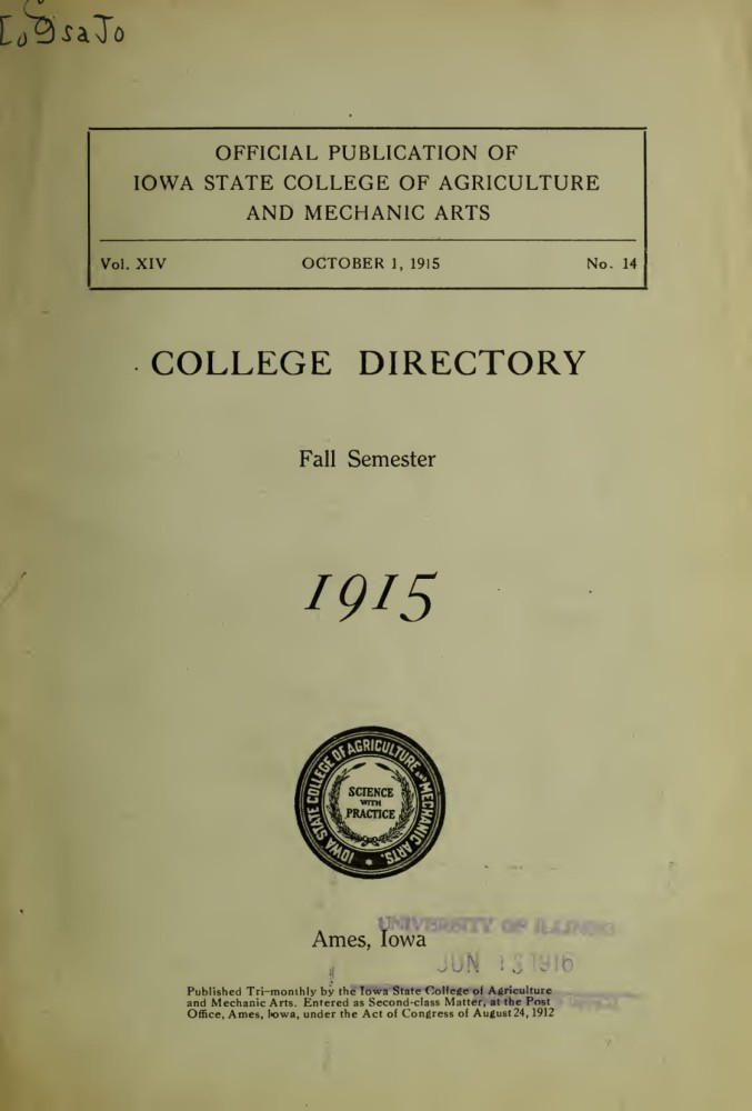 Iowa State College October 1915 Directory image 1