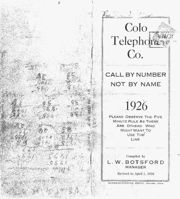 Colo Telephone Company 1926 Directory image 1
