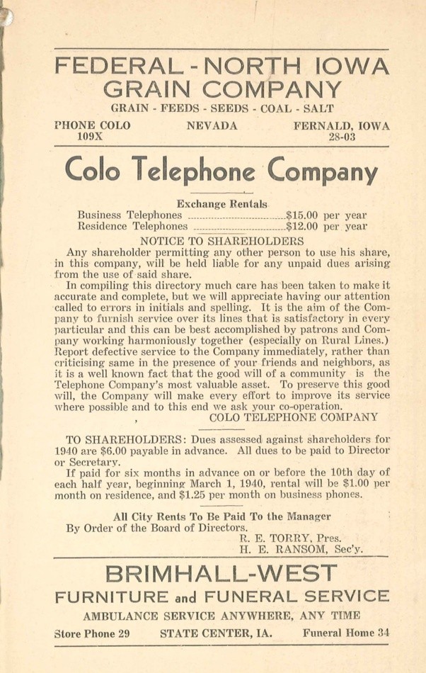 Colo Telephone Company 1940 Directory image 03