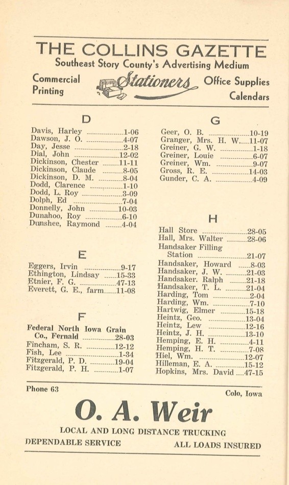 Colo Telephone Company 1940 Directory image 12