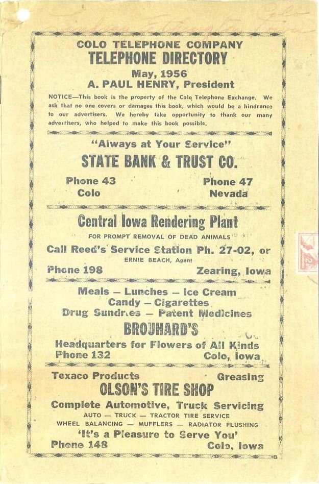 Colo Telephone Company 1956 Directory image 1