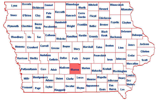 map of Iowa with Warren Co in red