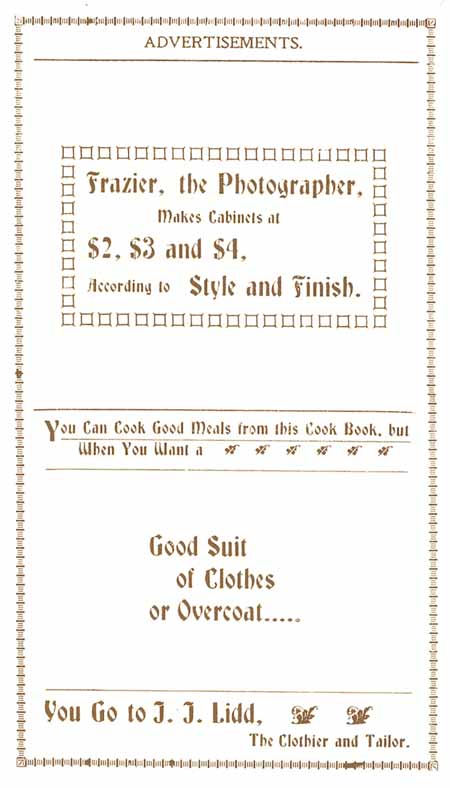 1898 Columbian Club Cookbook Advertisements Frazier, J. J. Lidd