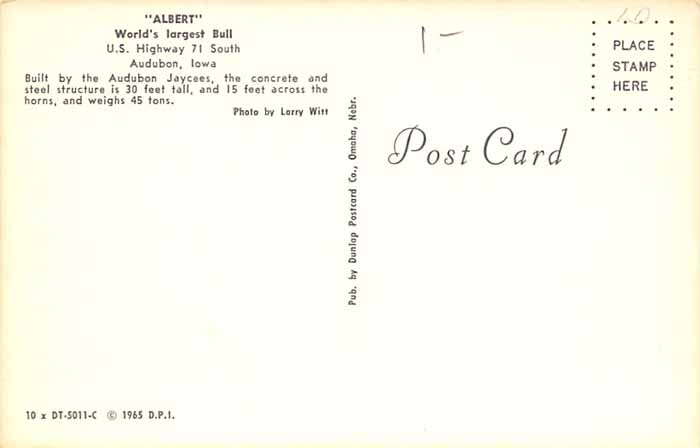 Albert the Bull, Audubon, Iowa Postcard Back