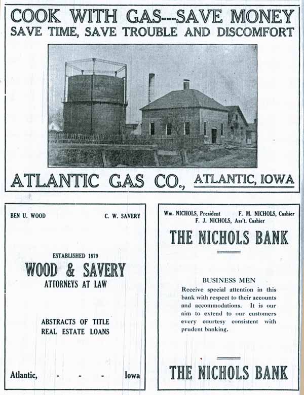 Atlantic Gas Co., Wood & Savery, Nichols Bank Advertisements