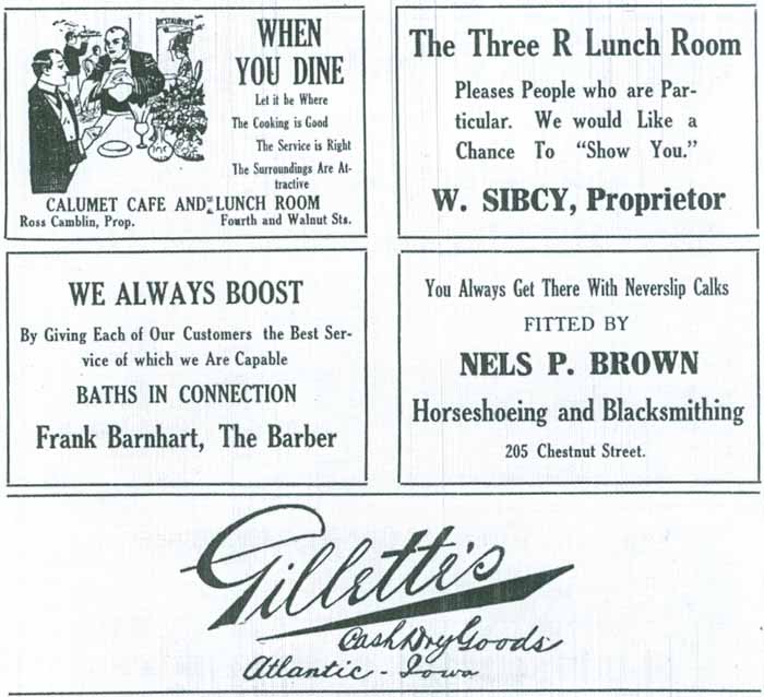 Calumet Cafe and Lunch Room, The Three R Lunch Room, Frank Barnhart, The Barber, Nels P. Brown Advertisements