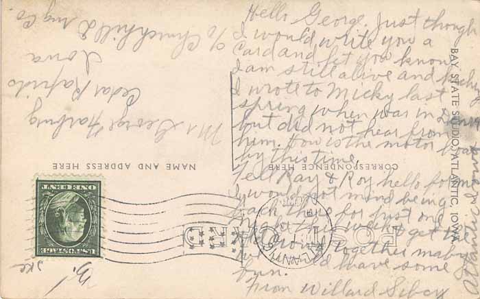 Willard Sibcy, Atlantic, Iowa Postcard Back