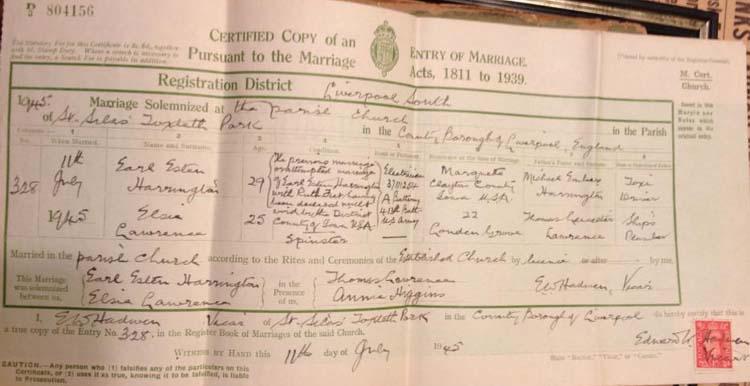 Harrington - Lawrence marriage certificate, 1945