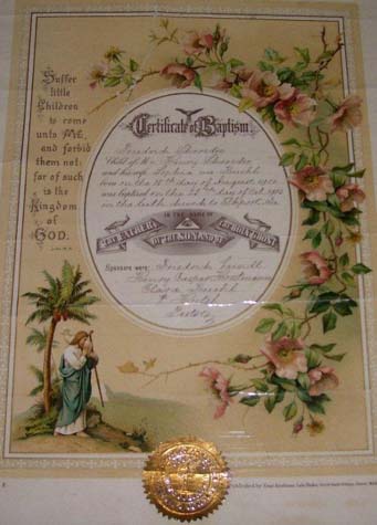 Fredrich Schroeder baptizm certificate, 1903