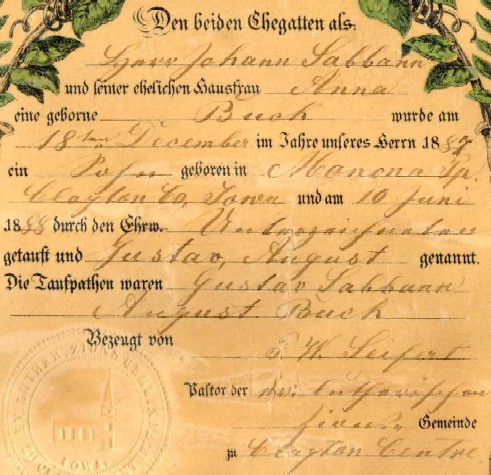 Gustav August Sabban baptism certificate - close-up