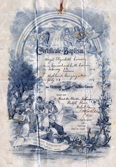 Hazel Elizabeth Larson baptism certificate, 1916