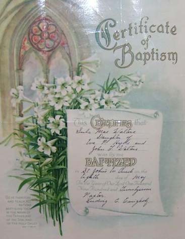 Sula Mae Walters baptism certificate, 1927