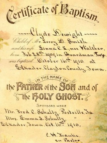 Clyde Smith baptism certificate - close-up