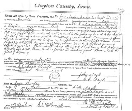 Warrantee Deed Conveyance from Mr. & Mrs John Nagle to Sperry Township Trustees - 1874