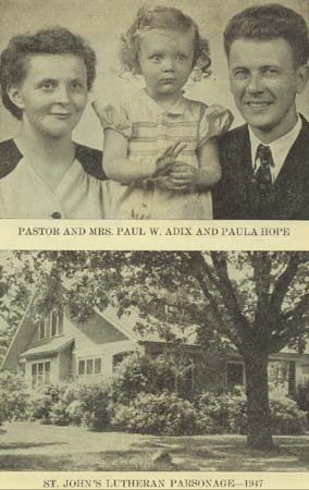 Pastor & Mrs. Paul Adix, daughter Paula Hope - Parsonage, 1947