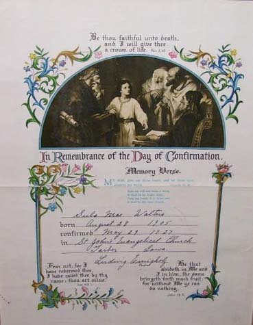Sula Mae Walters, confirmation certificate, May 1927