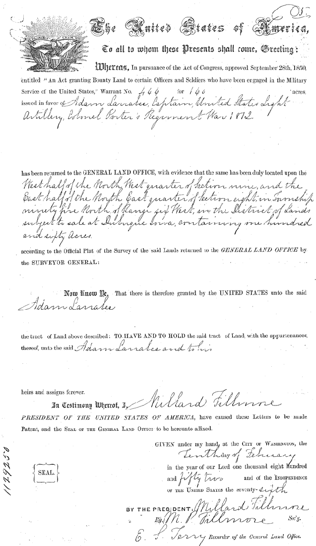 Adam Larrabee land patent, Grand Meadow twp. 1852