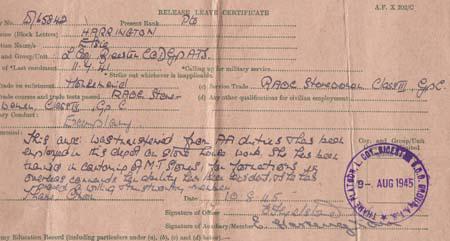 release from service from the British A.T.S.,August 9, 1945