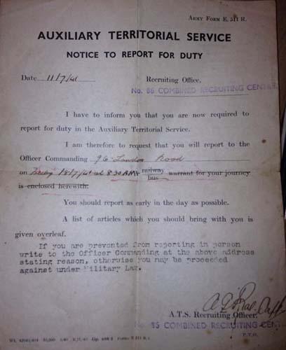 Auxiliary Territorial Service - Notice to report for duty - 1941
