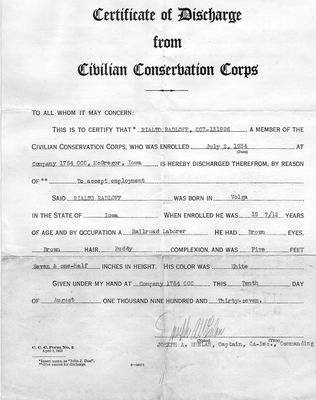 Radloff Certificate of Discharge from Civilian Conservation Corps
