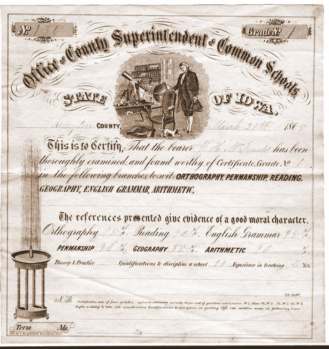 J.H. McDonald teaching certificate, 1865