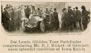 Dai Lewis, Glidden Tour Pathfinder congratulating Mr. B. J. Ricker of Grinnell upon Spendid Condition of Iowa Roads