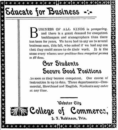 College of Commerce Ad Hamilton County Journal 1-6-1900, Hamilton County, Iowa