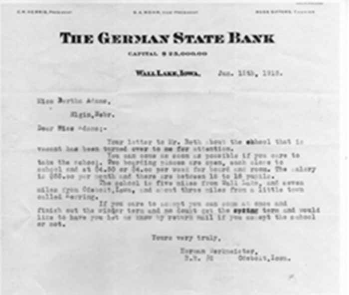 Bertha Adams Letter from Wall lake School