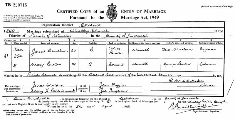 Marriage Record, Jonas Charburn, Mary Burton, 1840, Whalley, Lancashire, England