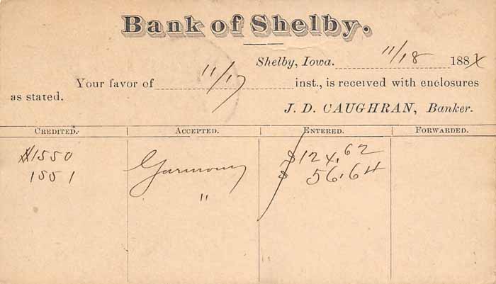 Shelby Bank Receipt, Shelby, Iowa