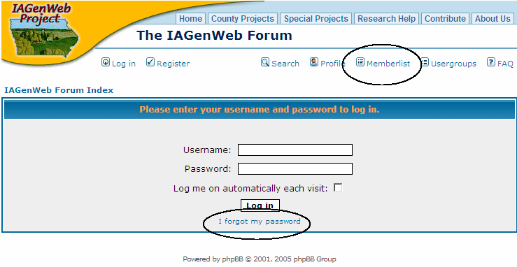 IAGenWeb Forum Log in screen