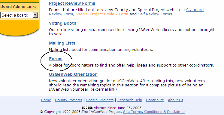 IAGenWeb Coordinator Help page - showing Forum link
